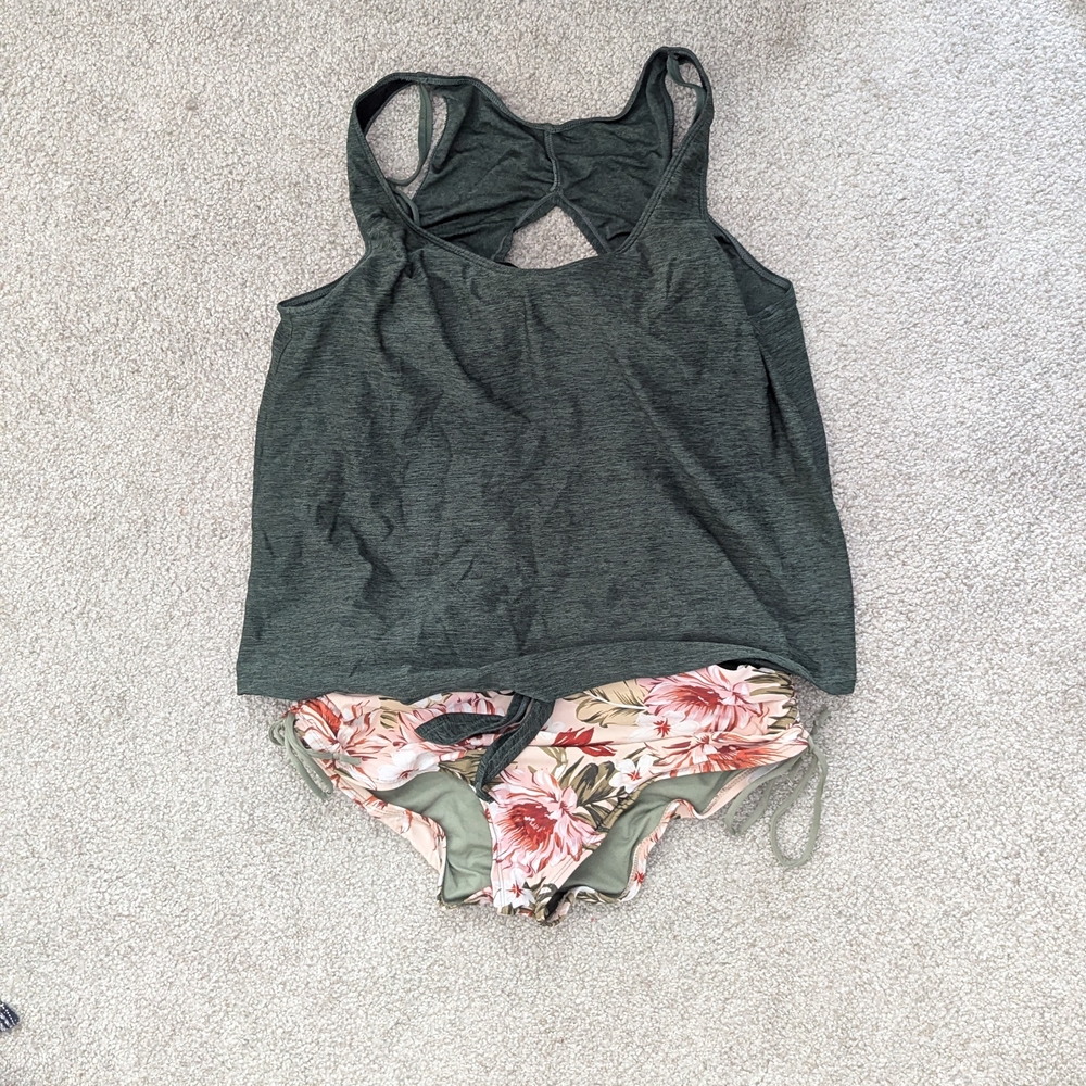 Green Tank Top and Floral Swim Set